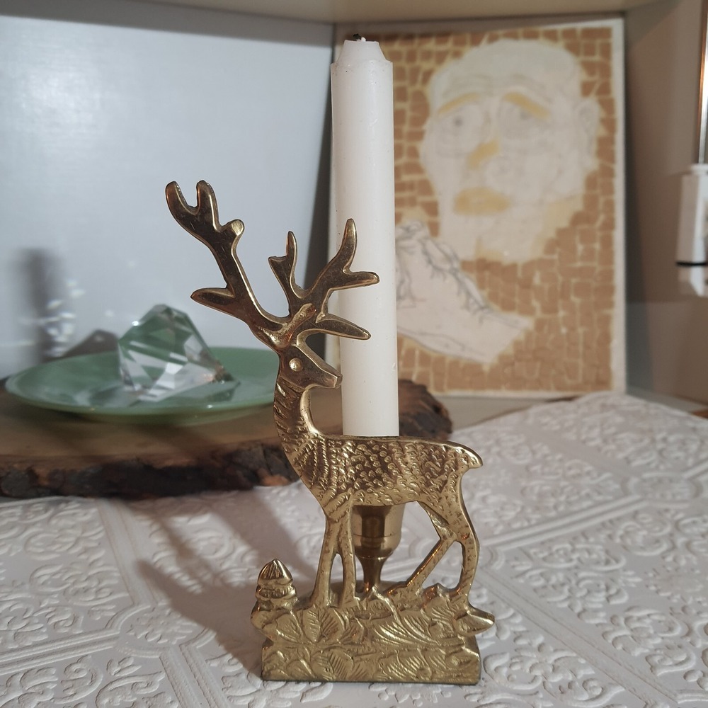 Vintage Brass 7" Standing Deer Buck Country Woodland Candleholder Christmas